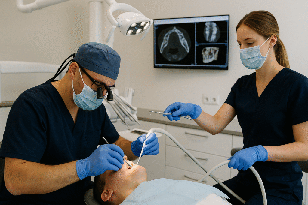 Chirurg stomatolog wykonujący zabieg w Gold Dentica w Łodzi