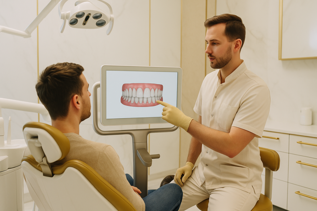 Ortodonta z Gold Dentica prezentuje pacjentowi plan leczenia ortodontycznego na ekranie