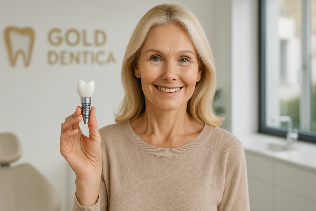 Pacjentka prezentująca model implantu stomatologicznego w gabinecie Gold Dentica w Łodzi Górnej